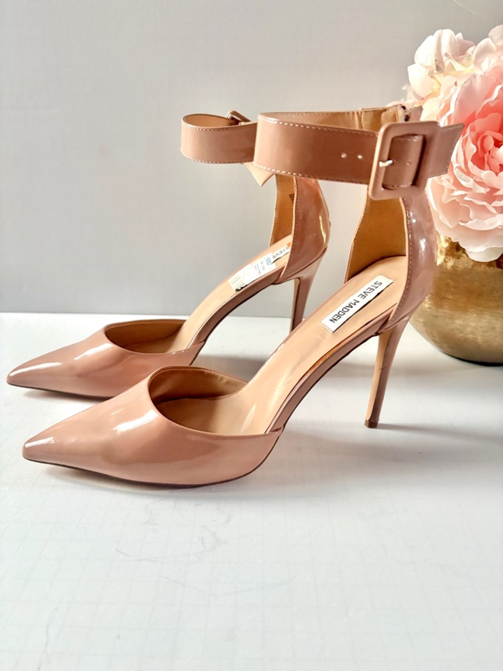Steve Madden Zane Nude Blush Patent Pointed-Toe Ankle-Strap Heels Sandals sz 11